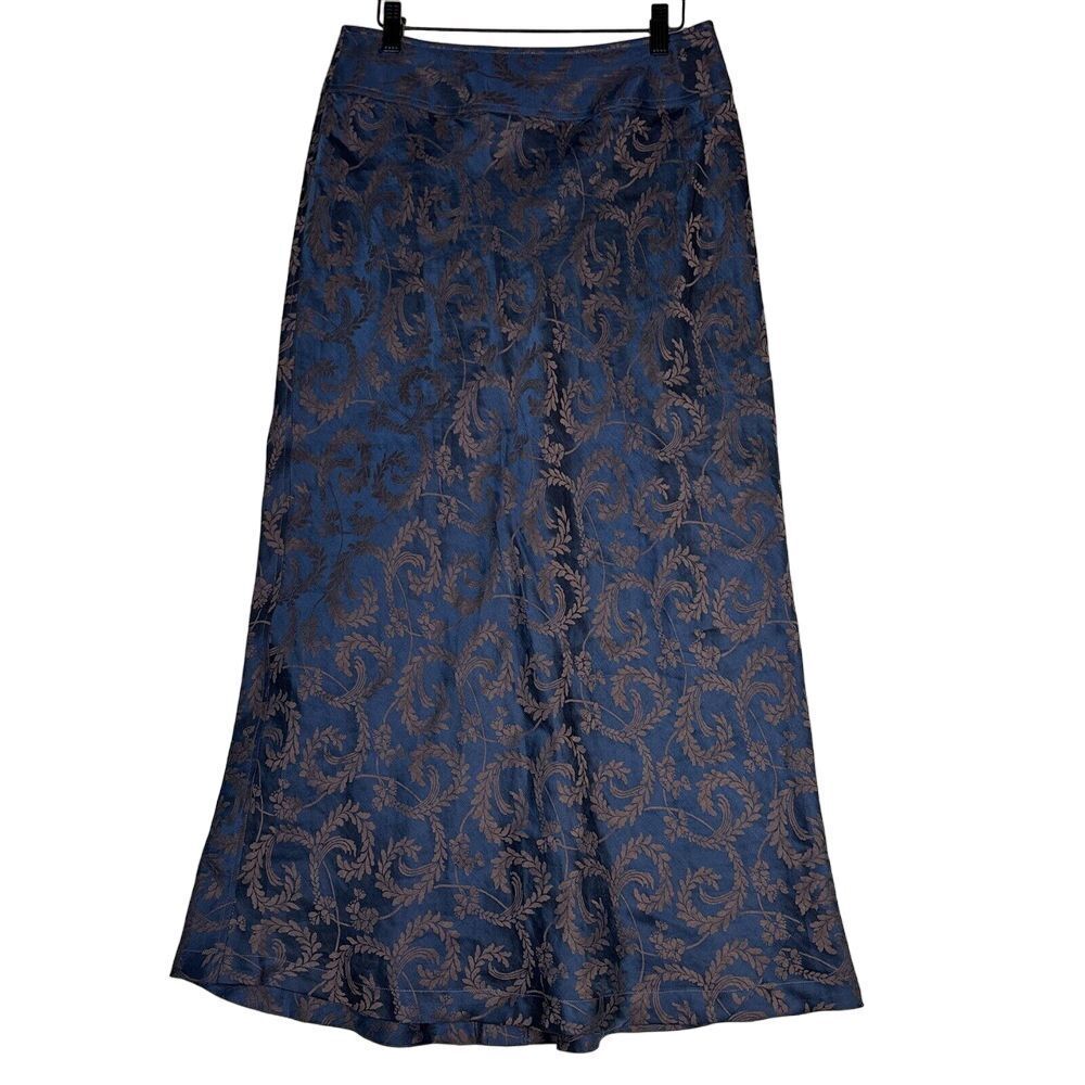 J Jill Womens Skirt Sz 10 Maxi Teal Blue Brown Jaquard Silk Linen Blend Long